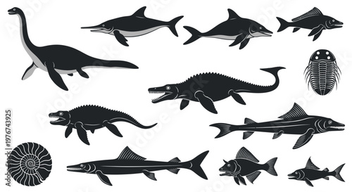 Prehistoric Marine Life Silhouette Collection and Ancient Ocean Creatures Vector Illustration