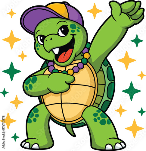 Cartoon turtle character wearing a baseball cap and beads, dancing and celebrating with a happy expression