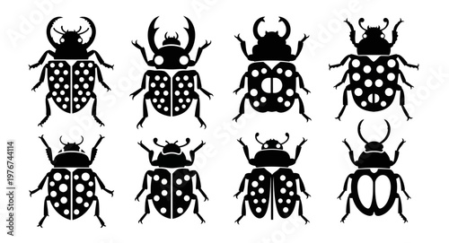 Assorted beetle and ladybug black silhouettes including stag beetle and scarab isolated on white