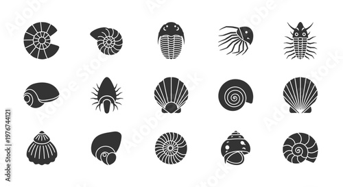 Prehistoric Marine Life and Fossil Shell Silhouettes Illustration Vector Design Element Set