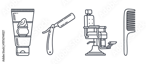 Line art barbershop tools set with shaving cream straight razor styling chair and hair comb