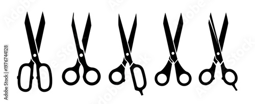 Collection of black scissor silhouettes showing various open and closed positions for cutting concepts