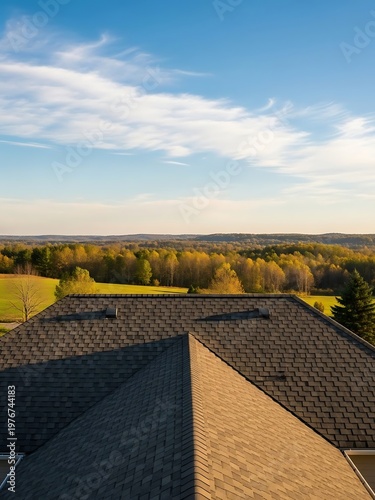 Residential roof aerial view showcasing distant trees and wispy cloudscape