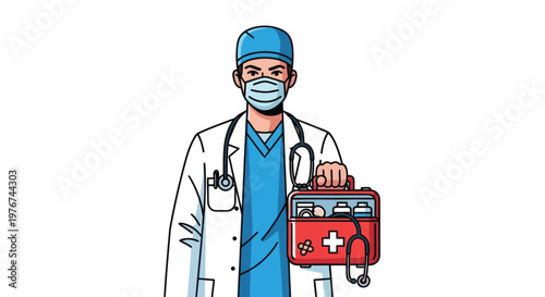 Doctor in blue scrubs and white coat holding red medical first aid kit with white cross