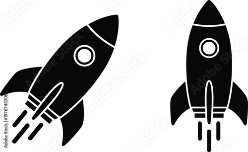 Two black rocket ship icons with exhaust trails white background spacecraft