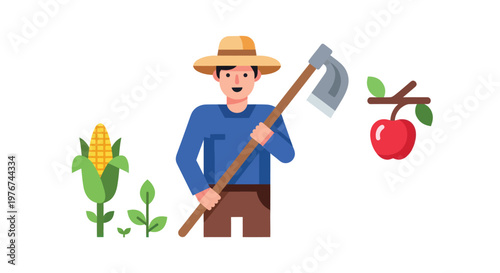 Farmer holding axe with corn apple and green plants on white background