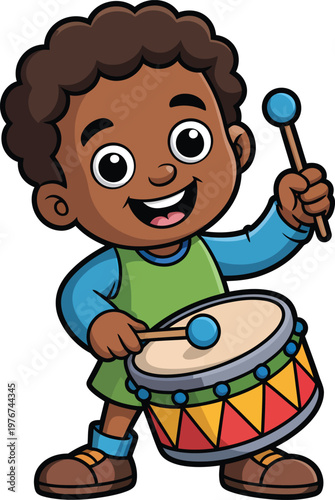 Happy cartoon boy playing a colorful drum with drumsticks