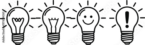 Four light bulbs with different symbols and ideas light bulb white background