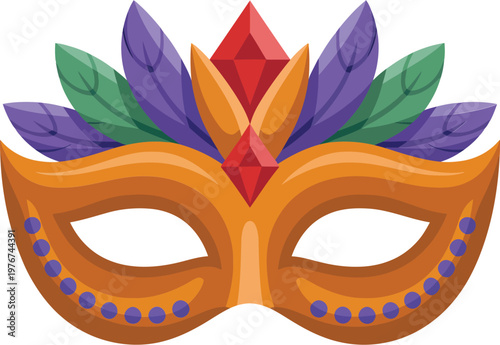 Carnival mask with colorful feathers and red gemstones