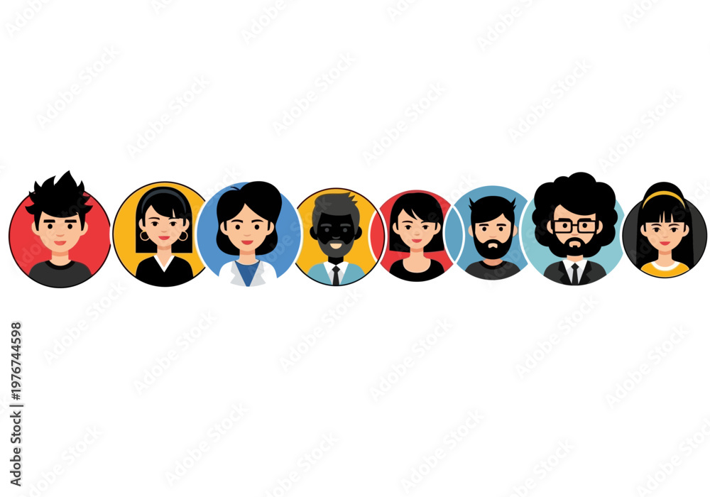 Fototapeta premium Modern Flat Vector Avatars Pack, Diverse Group of People Icons for Team and Community Representation on White Background
