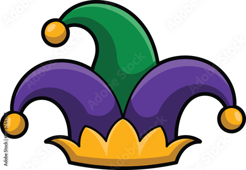 Jester hat with three points and bells, colorful carnival or mardi gras costume accessory