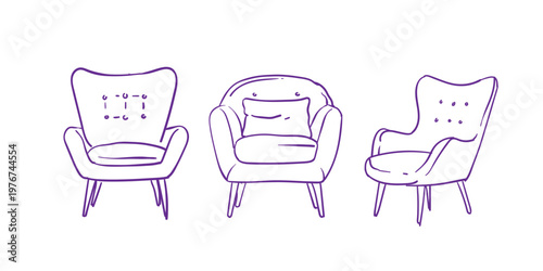 Set of armchair outline sketch. hand drawn linear chairs collection. Line art illustration of soft furniture. Scandinavian armchairs sketches. Vector illustration design