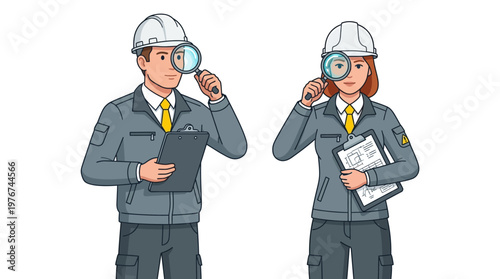 Construction Inspectors Man and Woman in Uniform Using Magnifying Glasses and Clipboards for Building Audit and Quality Control Illustration