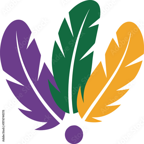 Three colorful feathers in purple green and orange colors arranged in a fan shape
