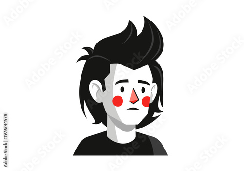 Stylized Vector Illustration of a Sad Young Man with Clown Face Paint, Red Cheeks, and Black Messy Hair, Minimalist Character Portrait Isolated on White Background