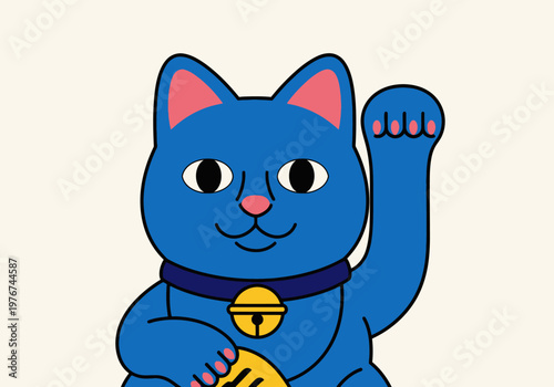 Modern Blue Maneki-neko Japanese Lucky Cat Illustration for Good Fortune and Prosperity