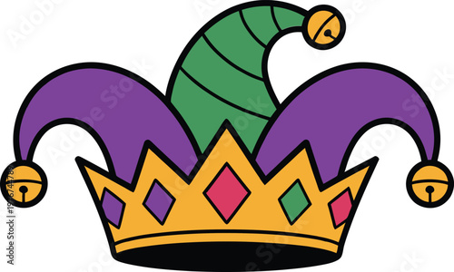 Colorful jester hat with bells and crown base
