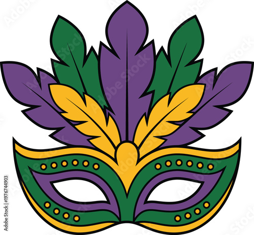 Mardi gras mask with colorful feathers, traditional carnival masquerade accessory for festive celebrations and parades