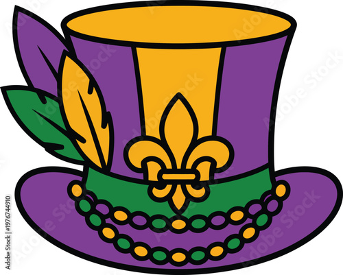 Mardi gras top hat with fleur de lis, feathers, and beads
