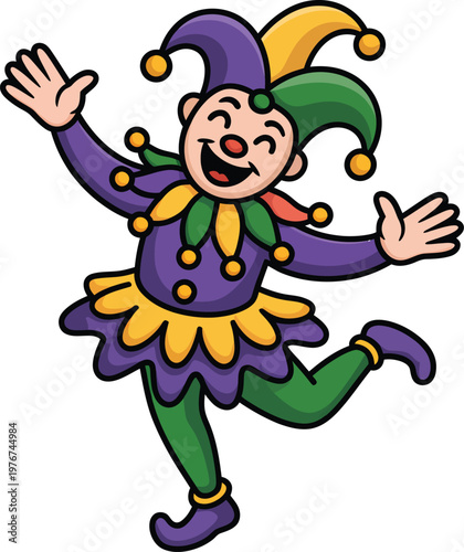 Happy jester cartoon character wearing a colorful costume with a hat and bells