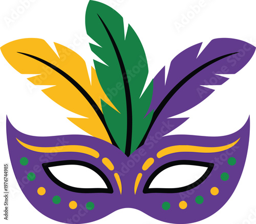 Mardi gras mask with colorful feathers, traditional festive masquerade accessory for carnival celebration