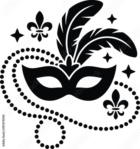 Mardi gras masquerade mask with feathers, beads and fleur de lis symbols