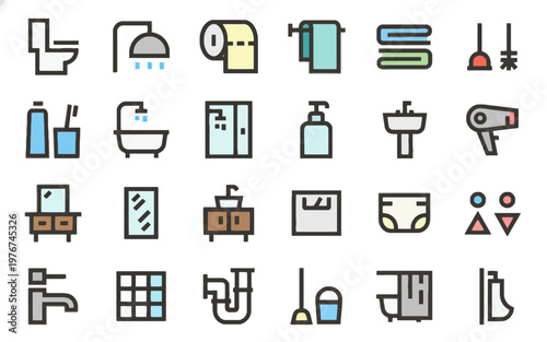 Comprehensive Bathroom Fixtures and Personal Hygiene Icon Set for Modern UI/UX Web and Mobile App Interface Design