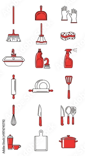 Collection of kitchen and cleaning supplies vector icons.