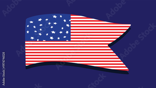 American Flag Swallowtail Banner Illustration with Wavy Motion on Dark Blue Background.