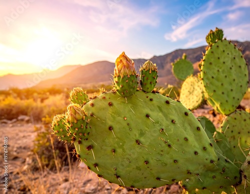 Close-up of green cactus with orange flowers under a warm sunset sky