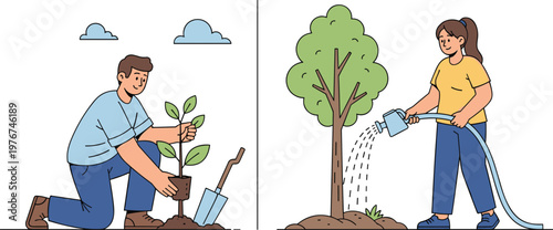 Garden care concept showing man planting young tree and woman watering plant, eco friendly lifestyle, sustainable gardening, growth, nature conservation, outdoor activity illustration