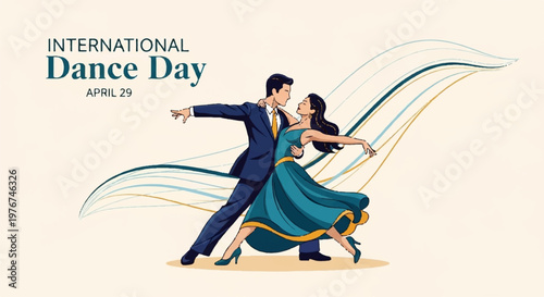 Couple performing ballroom dance with flowing abstract lines illustration
