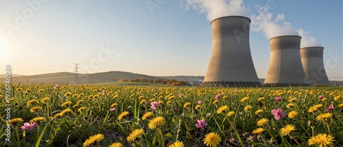Nuclear power plant cooling towers and flowers for clean energy and environmental sustainability concept