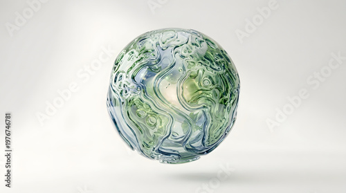 Artistic glass sphere with swirling green organic textures, eco energy and sustainability concept isolated on minimal clean background
