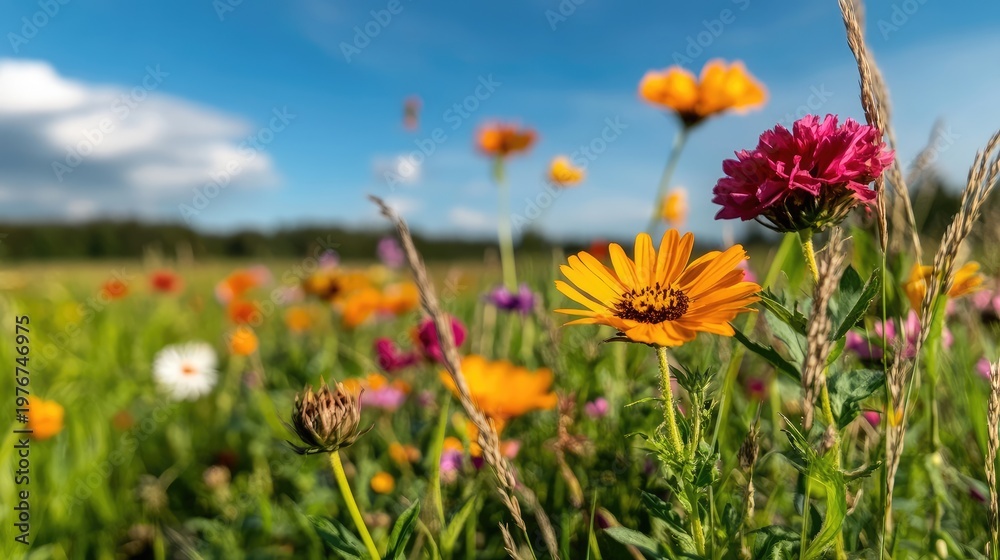 Fototapeta premium Vibrant flower meadow under the bright sunny sky, a naturalistic panorama