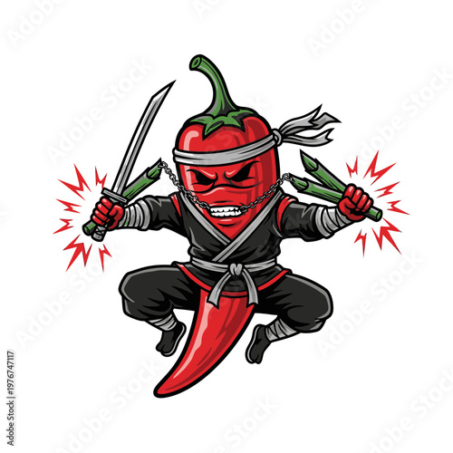Red chili pepper ninja character with swords and kunai.