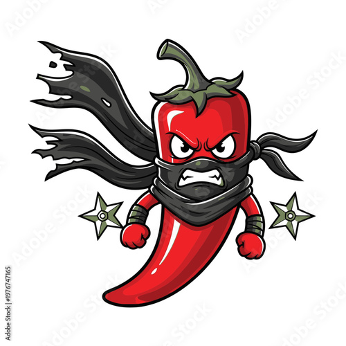 Red Chili Pepper Ninja with Shurikens Cartoon Illustration.