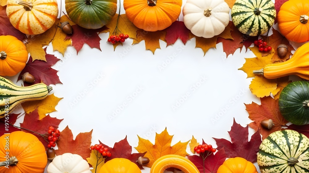 Fototapeta premium Autumnal frame with pumpkins and leaves isolated on white background