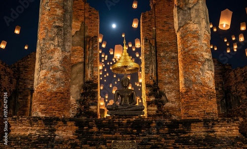 Buddha Statue in Ancient Temple Ruins with Floating Lantern Festival at Night Thailand