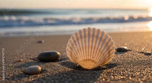 Translucent Scallop Seashell on Sandy Beach at Golden Sunset