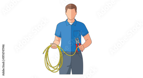 Man holding yellow rope and tool for repair work or diy project with safety equipment