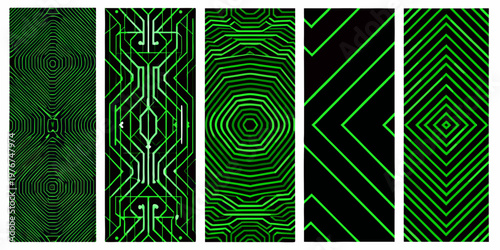 Abstract geometric patterns resembling circuit boards in vibrant green hues