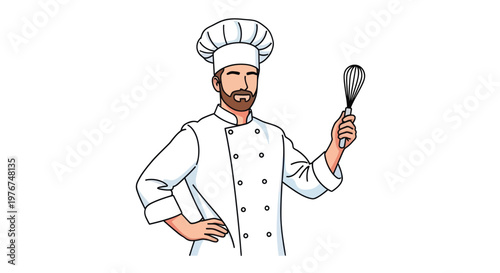 Confident male chef in white uniform holding whisk on white background culinary professional with kitchen utensil