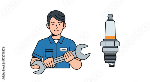 Mechanic holding wrench with spark plug automotive repair concept tools and equipment for engine maintenance