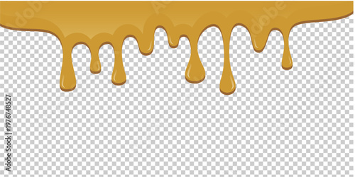 Hot chocolate drip illustration. Melting chocolate on transparent background. Drippy ice cream vector design. Wavy choco melt border. Brown chocolate drips illustration.