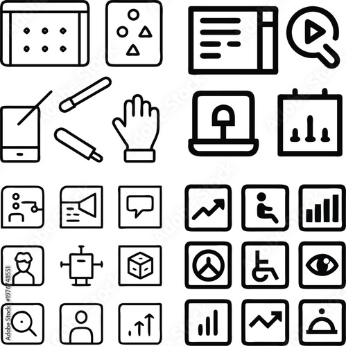 An assortment of modern, minimalist icons, arranged in an organized grid. Embodying clarity and user-friendly design. A valuable resource for designers, developers, and communicators.