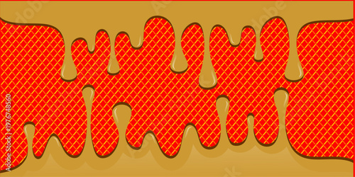 Hot chocolate drip illustration. Melting chocolate on waffle background. Drippy ice cream vector design. Wavy choco melt border. Brown chocolate drips illustration.