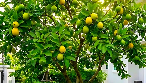 Fotografi Guava tree with abundant yellow and green fruits in a garden