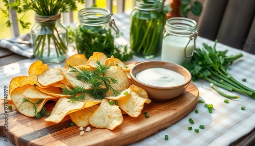 Crispy potato chips paired with creamy sour cream and fresh dill and chives, arranged on a wooden serving board with jars of herbs for a bright, rustic outdoor snack or appetizer.

