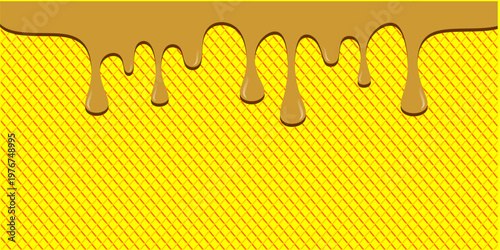 Hot chocolate drip illustration. Melting chocolate on waffle background. Drippy ice cream vector design. Wavy choco melt border. Brown chocolate drips illustration.